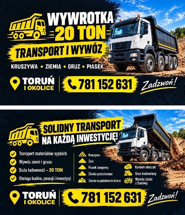 Piasek Pospółka Żwir Ziemia Gruz Kruszywo Kamień Na Oczyszczalnie Grębocin Toruń i okoliceUsługi Transportowe wywrotką 8x4 do 20T. Wynajem,