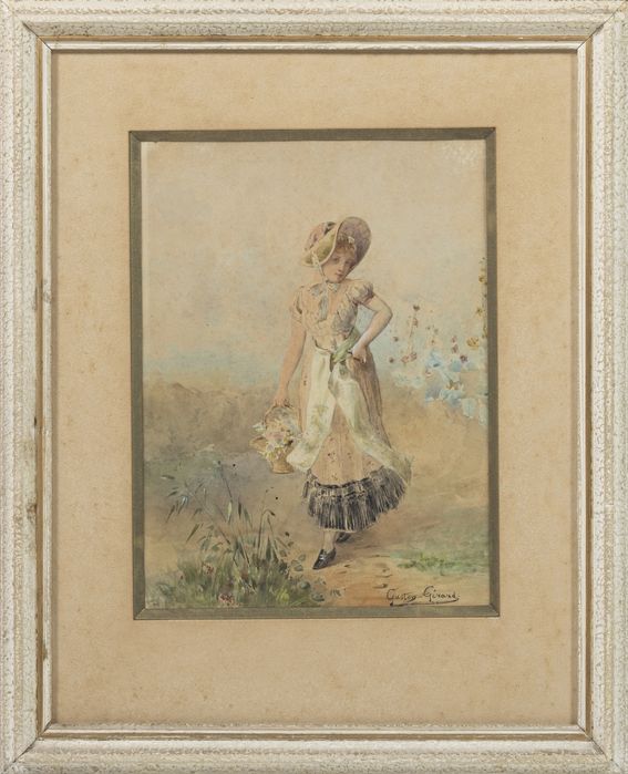 Aguarela - Gaston Gérard - Menina com flores - assinada