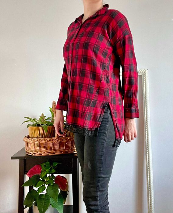 Długa koszula drwala w kratę grunge koronka oversize kratka tartan