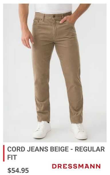 Джинсы (chino вельвет Dressmann Норвегия w31 stretch beidge.