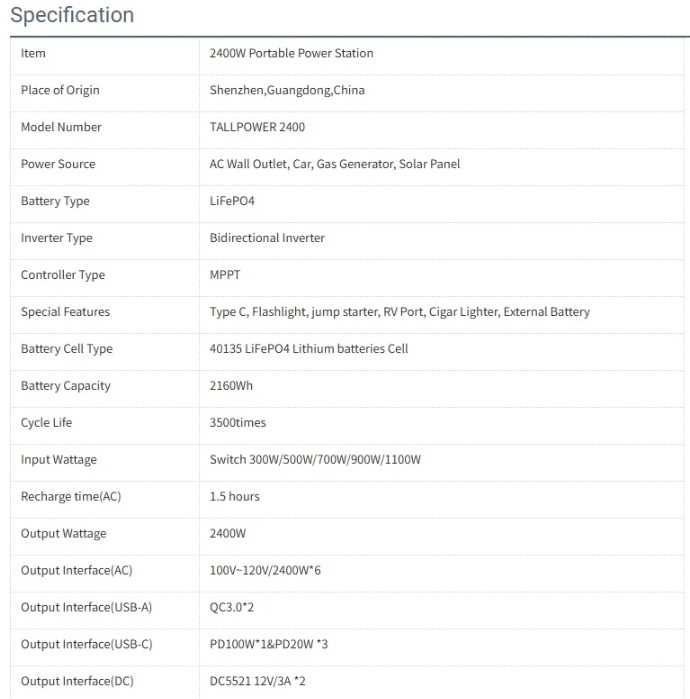 Estação Energia Tallpower 2400W MPPT 500W 2160Wh LifePo4