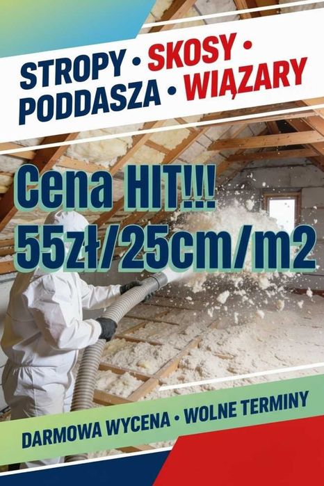 Wdmuchiwanie wełny szklanej i celulozy. Ocieplenia poddaszy. Gniezno.