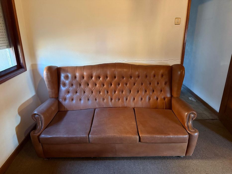 Sofás em pele ( 1 sofá cama e 2 cadeirões)