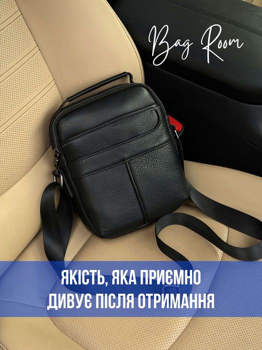 Чоловіча шкіряна сумка месенджер через плече • натуральна зерниста шкіра • чорна • bestseller • повседневная сумка • сумка на каждый день