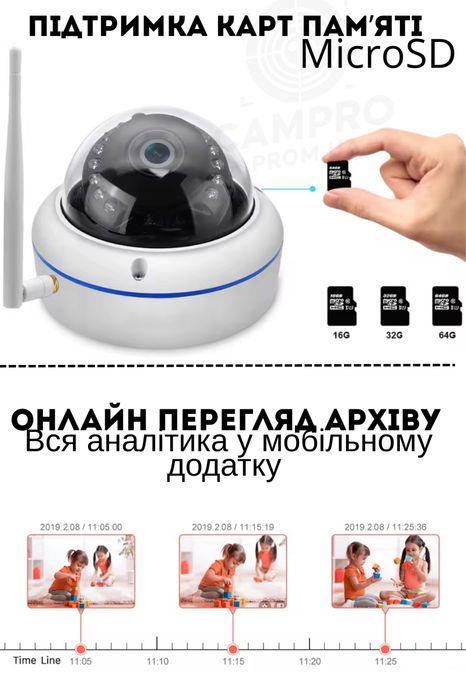 Металлическая купольная IP Wi-Fi камера 5Mp ночное видение аудиозапись