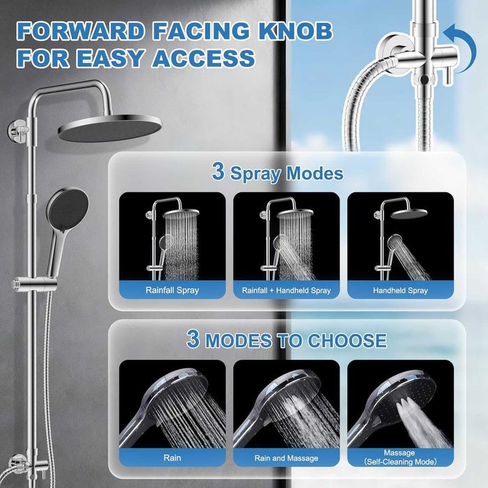 Regulowana Armatura Prysznicowa Deszczownica 25cm Bateria Chrom