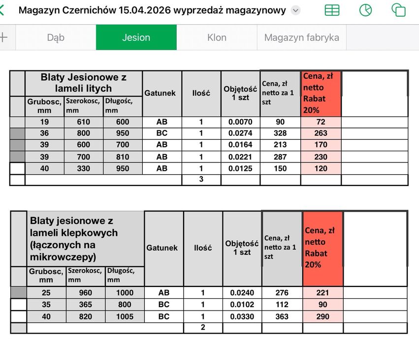 WYPRZEDAŻ  MAGAZYNOWY Blaty drewniane dąb jesion