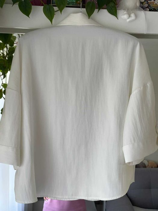 Zara koszula damska wiskozowa ecru XS S M oversize krótki rękaw minimalistyczna basic