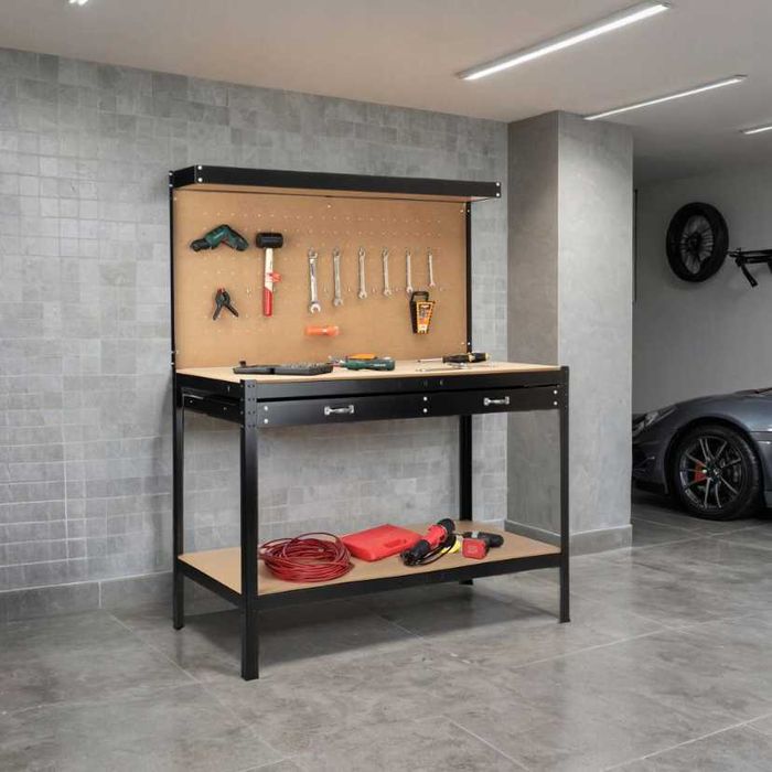 NOWY Stół Warsztatowy 120x60 Narzędziowy Do Garażu Szuflada Tablica Haczyki Metalowy Mocny Blat 200kg Półki Pracownia Solidny Duży + WYSYŁKA 24H