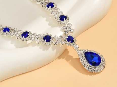 Naszyjnik Damski Ślubny Srebrny Elegancki Wizytowy Szafirowy Cyrkonie