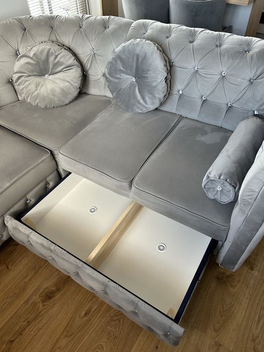 Narożnik Chesterfield - dwustronny, funkcja spania + pojemnik na pościel