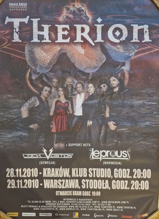 THERION plakat z autografami zespołu.