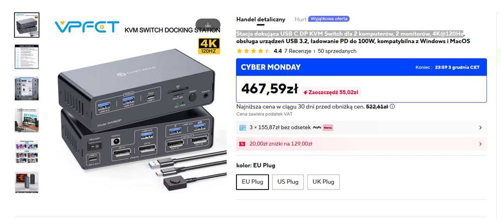 EDCD SW523P - USB C DP KVM Switch dla 2 komputerów/monitorów, 4K/120Hz