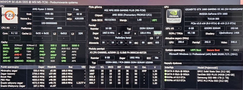 Komputer PC Ryzen 5 5600x / G.Skill 16GB / GTX1660 OC / 1TB / AiO