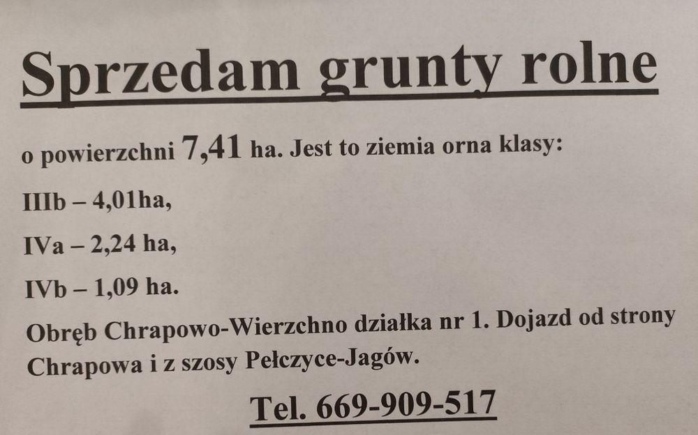 Sprzedam grunty rolne Chrapowo-Pełczyce