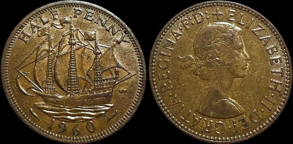 1/2 Penny - 1960 - Reino Unido - Elizabeth II - Primeiro Retrato