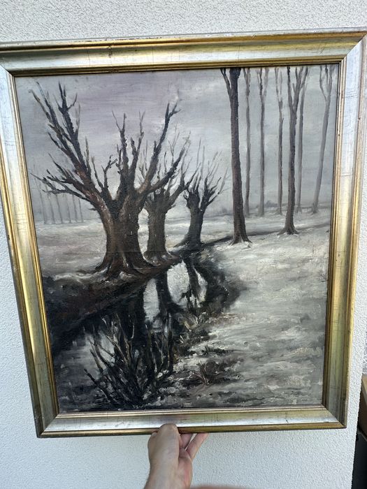 Duży obraz olejny – Zimowy pejzaż z wierzbami – 67 × 78 cm – w drewnianej ramie