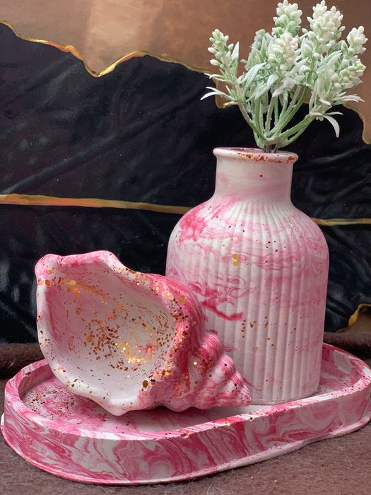 Рожевий мармуровий набір з гіпсу, підставка, рапан, вазочка, подарунок