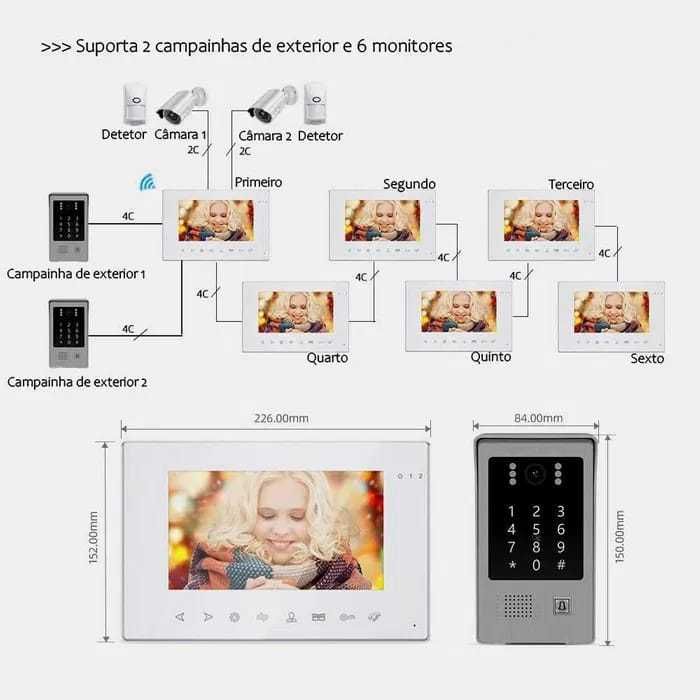 Vídeo Porteiro Tuya * S/ Fios * WiFi * Ecrã Tátil 7 Polegadas * Código