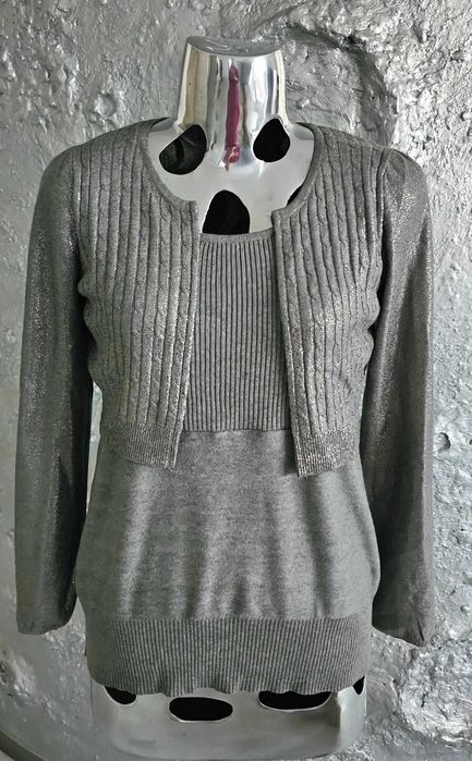 Twinset sweterek srebrny 2 częsci blizniak roz L