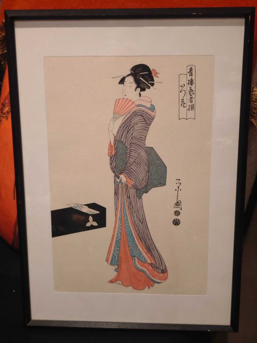 Drzeworyt /washi Gejsza z wachlarzem  Artysta japonski Chobunsai Eishi