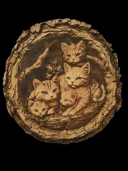 Kotki obraz wypalany w drewnie 3d iluzja