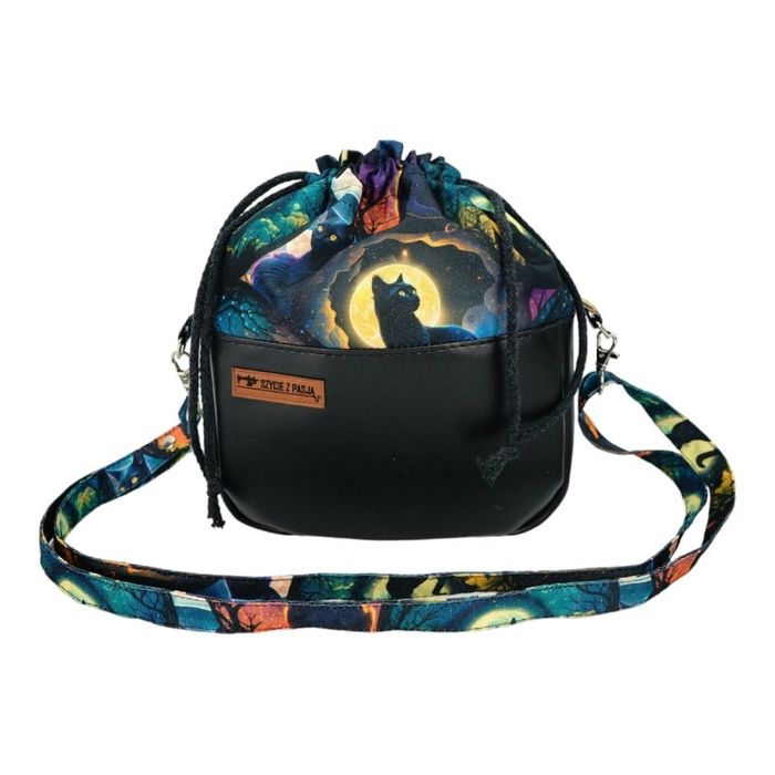 Mała Damska Torebka na ramię Czarny Kot - Czarna skóra ekologiczna