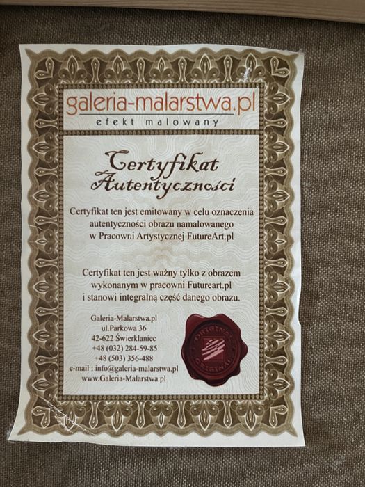 Obraz ręcznie malowany na płótnie 110x70 cm -certyfikat autentyczności