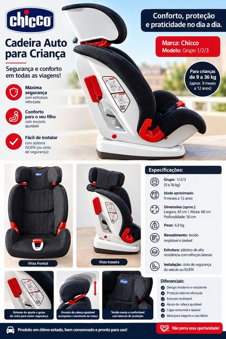 Cadeira Auto Chicco Grupo 1/2/3 – 9 a 36 kg – Muito Bom Estado