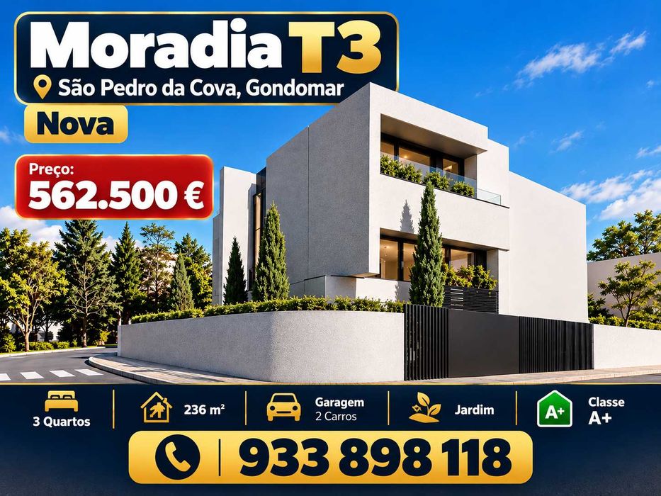 Moradia T3 Nova 236m² | Fânzeres e São Pedro da Cova, Gondomar | Classe A+ + Garagem 2 Carros + Jardim