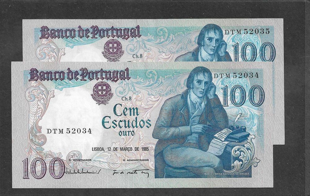 Duas notas de 100 escudos - nºs. seguidos