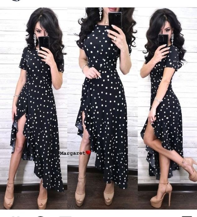 Платье в горошек с рюшей в пол