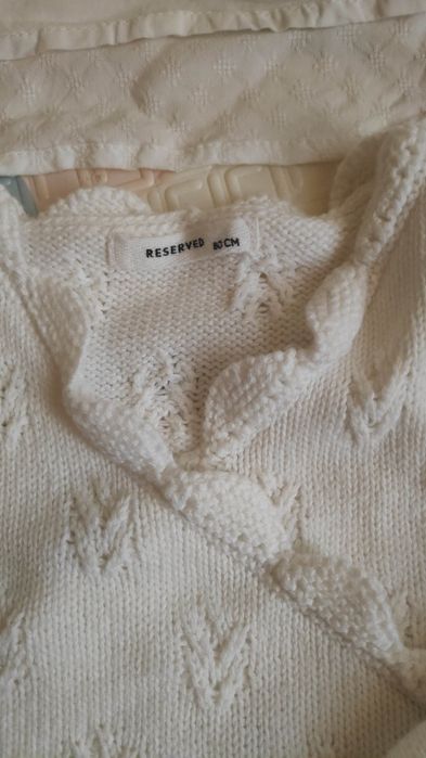 Reserved 80 komplet do chrztu złamana biel sukienka sweter