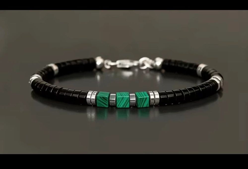 Pulseira de malaquite e ónix  negro
