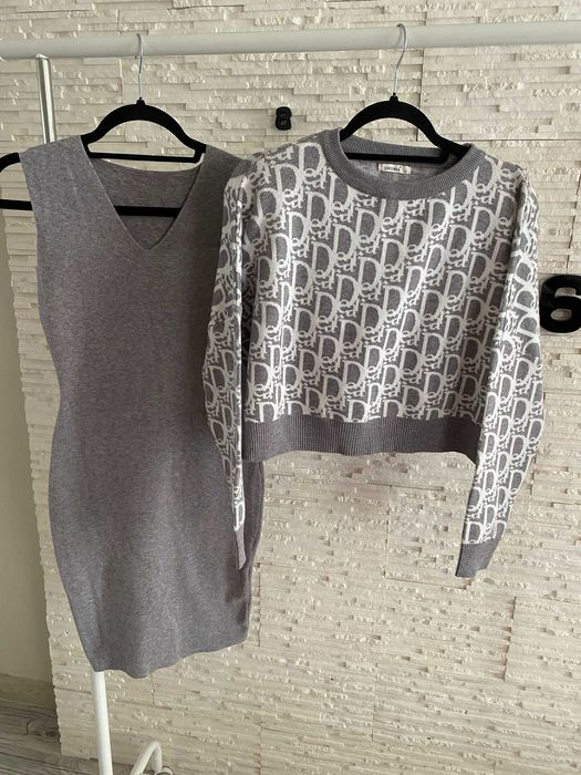 Rezerwacja Enzoria Cudo szary set 2w1 bliźniak j nowy sweterek sukienka print