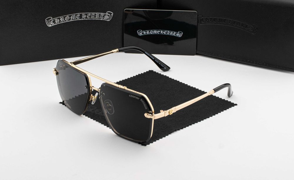 Чоловічі сонцезахисні окуляри Chrome Hearts | UV400 | квадратна лінза | футляр в комплекті | металева оправа