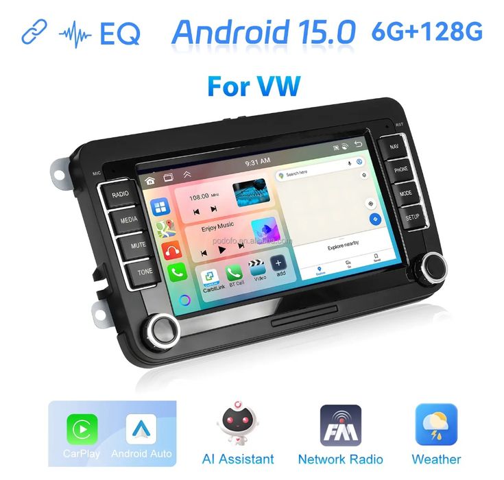 Rádio Android 15 7" VW/Seat/Skoda 6/128GB CarPlay/Auto S/Fios Wi-Fi BT