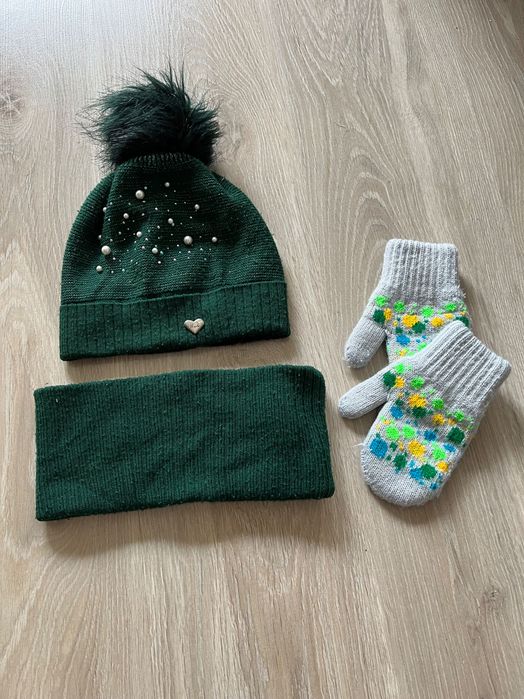 Zestaw/komplet czapka i komin na zimę dla dziewczynki zielony 104/110