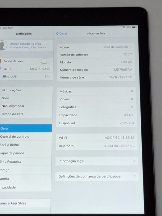 Apple iPad Air  Modelo A1474 9.7" | Cinzento Sideral, WiFi | Impecável