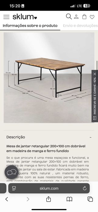 Mesa jantar de madeira 200cm x 100cm, dobrável, pés brancos