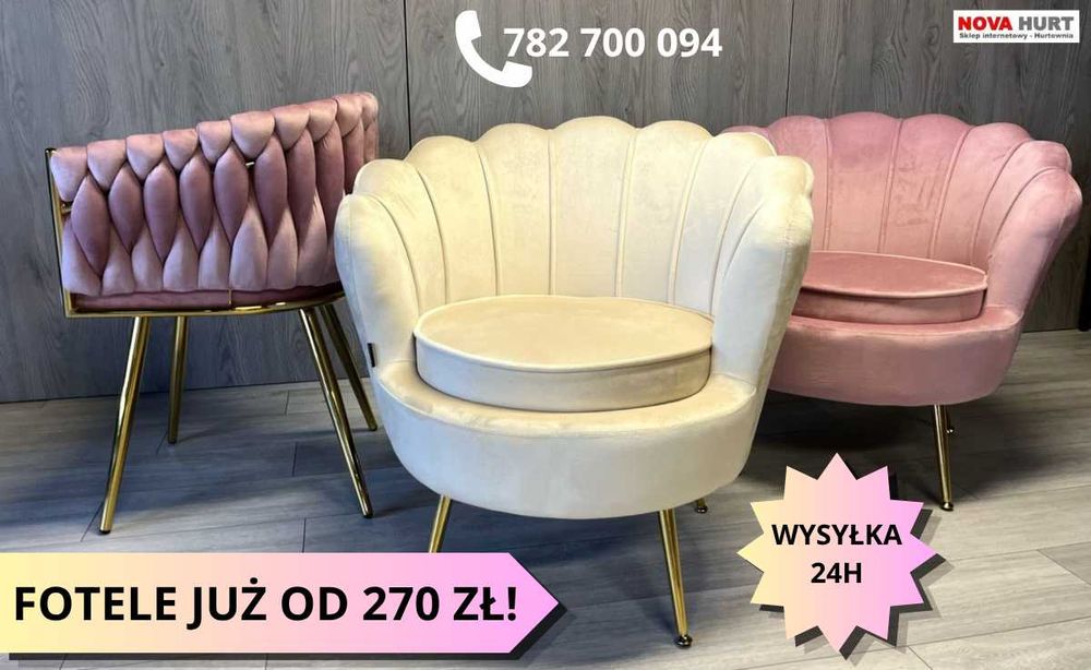 Fotel Muszelka Glamour Velvet Welur Złote Nogi Nowoczesny Uszak Warkocz