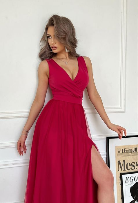 Maxi sukienka tiul wiązana kopertowa wesele studniówka