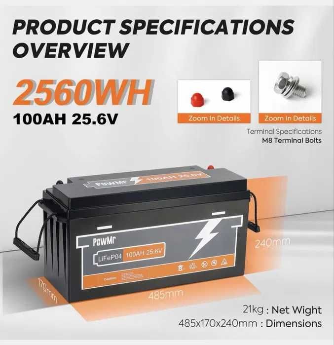 Новий акумулятор PowMr LiFePO4 25.6V 100Ah 2560Wh