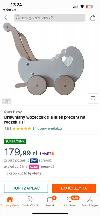 Drewniany wózek dla lalki dziecięcy pchacz jeździk na roczek chodzik