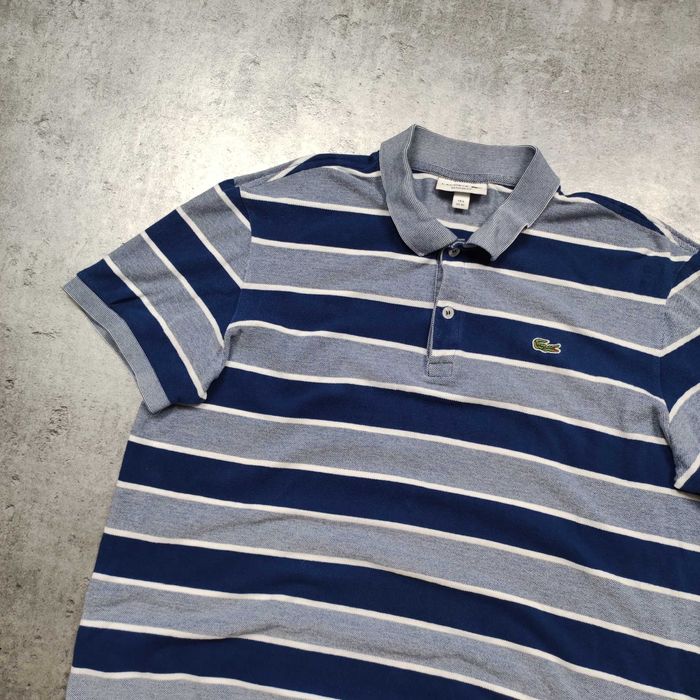 MĘSKA Koszulka Bawełna PREMIUM Paski Elegancka Granat Lacoste France