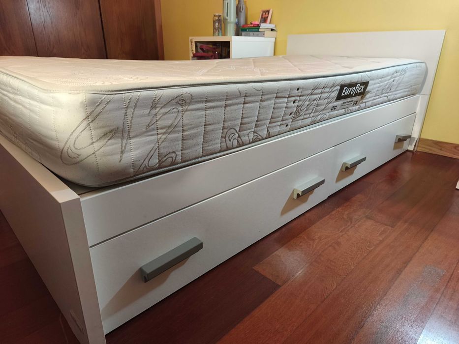Cama individual branca com 2 gavetas | 190x90 cm | Sem colchão