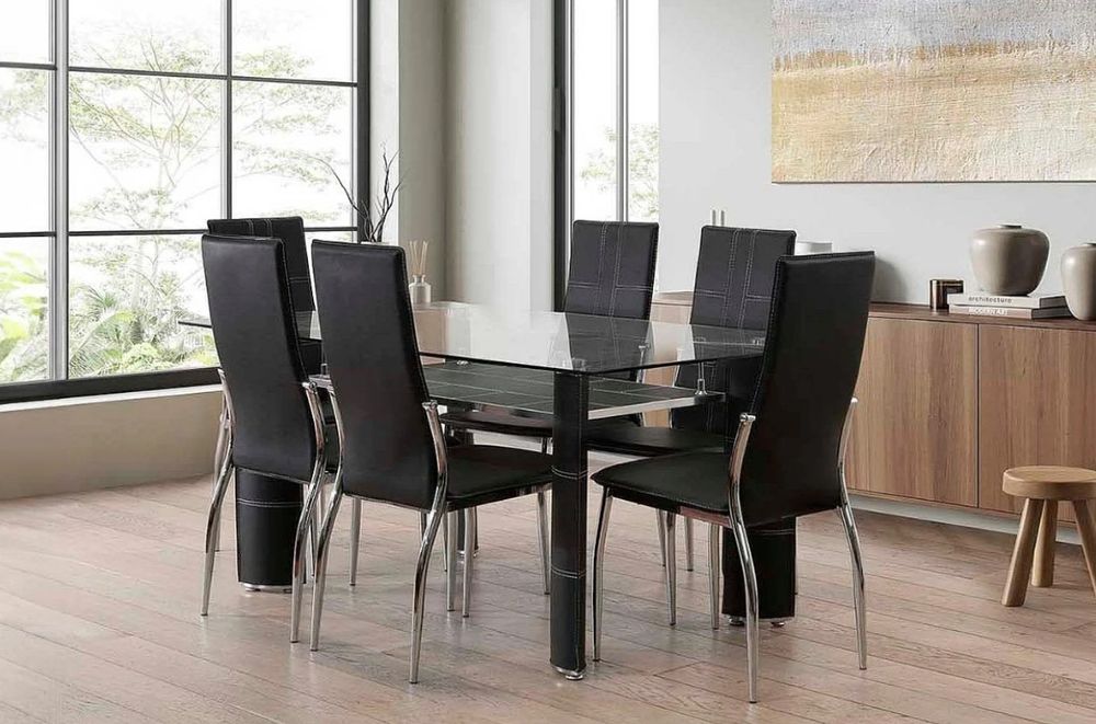 Conjunto Mesa em Vidro Temperado + 6 Cadeiras de Couro Sintético/metal Preto 150x90cm