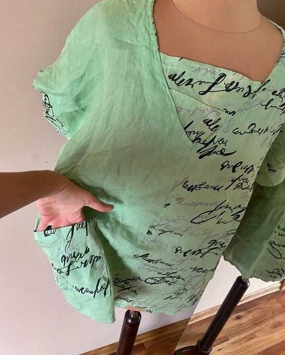 Xxl 44 46 bluzka pistacjowa zielona len linien modna oversize +size