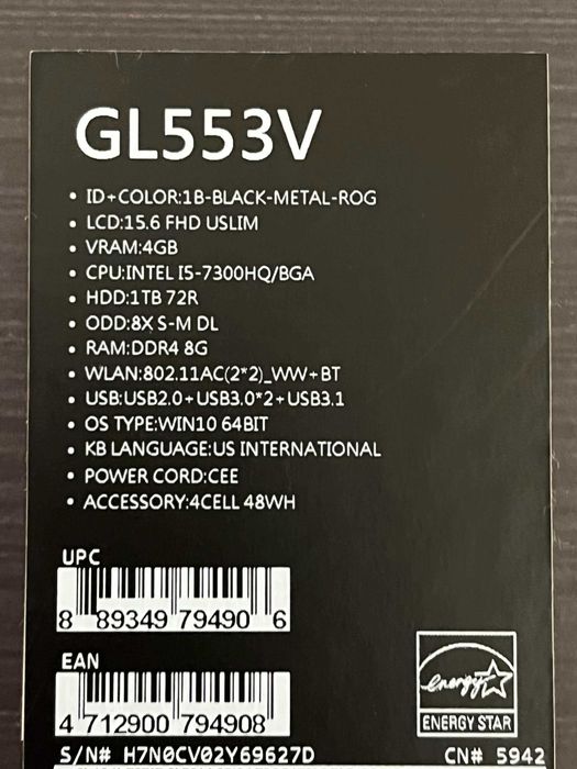 Laptop gamingowy ASUS ROG STRIX GL553V I5-7300HQ GTX 1050 4GB 256GB SSD + 1TB HDD Win 10