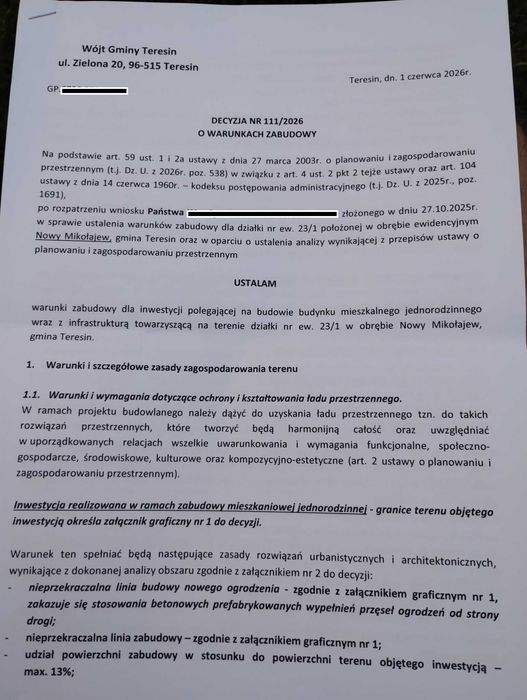 Działka budowlana 1168 m2 Nowy Mikołajew Gmina Teresin